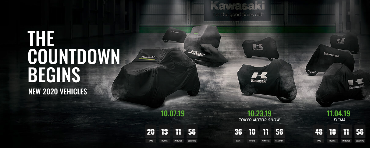 Kawasaki在官網上預告10月初、10月東京車展、11月米蘭車展都有會新車發表，透過布幕輪廓也可看出三場活動都有新款機車即將推出